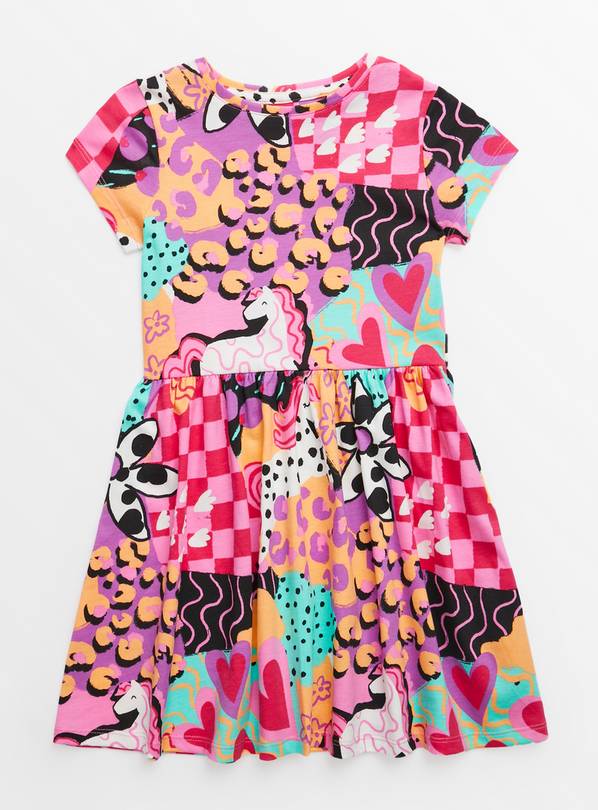 Pink Abstract Print Short Sleeve Jersey Dress 11 years